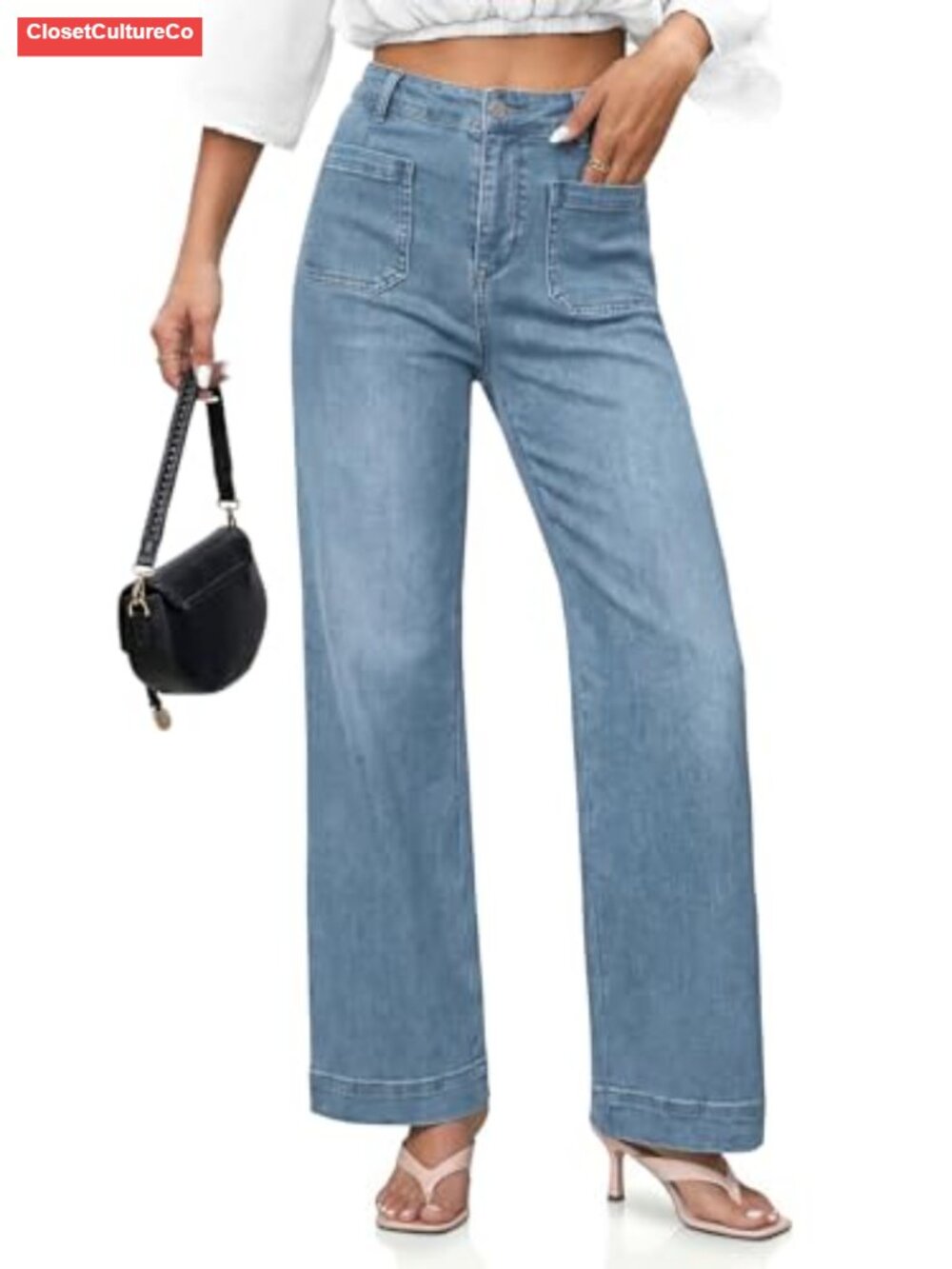 High Waisted Wide Leg Straight Leg Stretchy Denim Jeans Patch Pockets